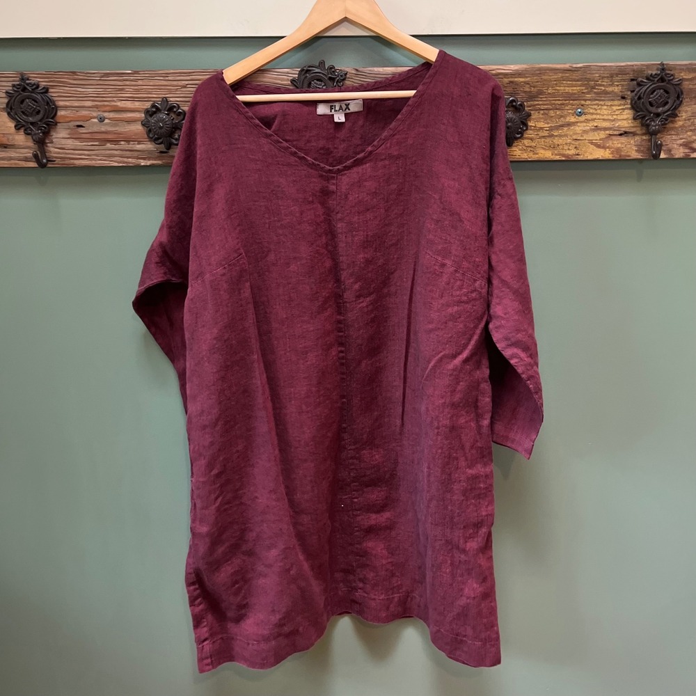 Flax Women L Burgundy 100% Linen V-Neck 3/4 Sleeve Pockets Lagenlook Dress